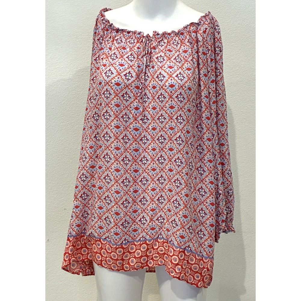 Talbots Plus Womens 2X Red Geometric Boho Tunic Top 3/4 Sleeve Office
